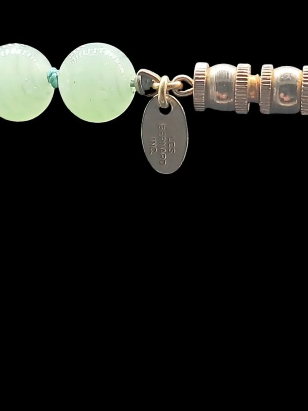 Vintage Les Bernard Signed Jade Bead Necklace Hand Knotted Barrel Clasp 34" - Picture 12 of 12
